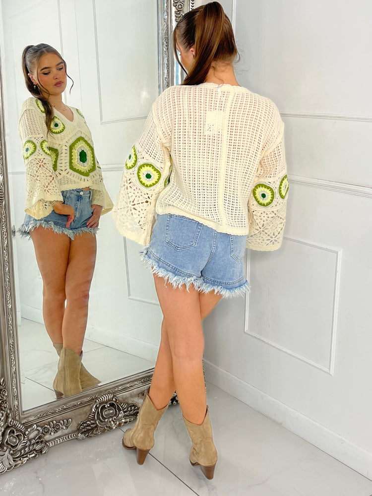 Flare sleeve V Neck Crochet Top - Beige/Multi Four