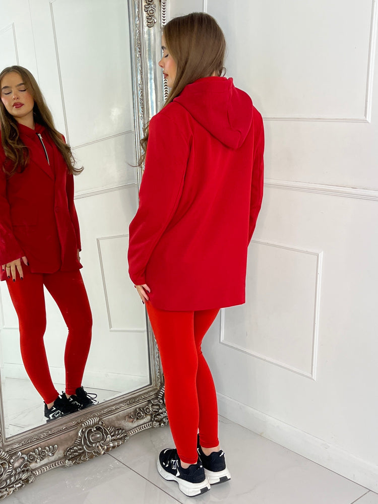 Oversized Blazer With Red Attached Hood - Red