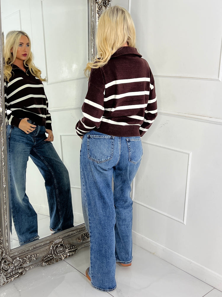 1/4 Zip Striped Jumper - Brown / Cream