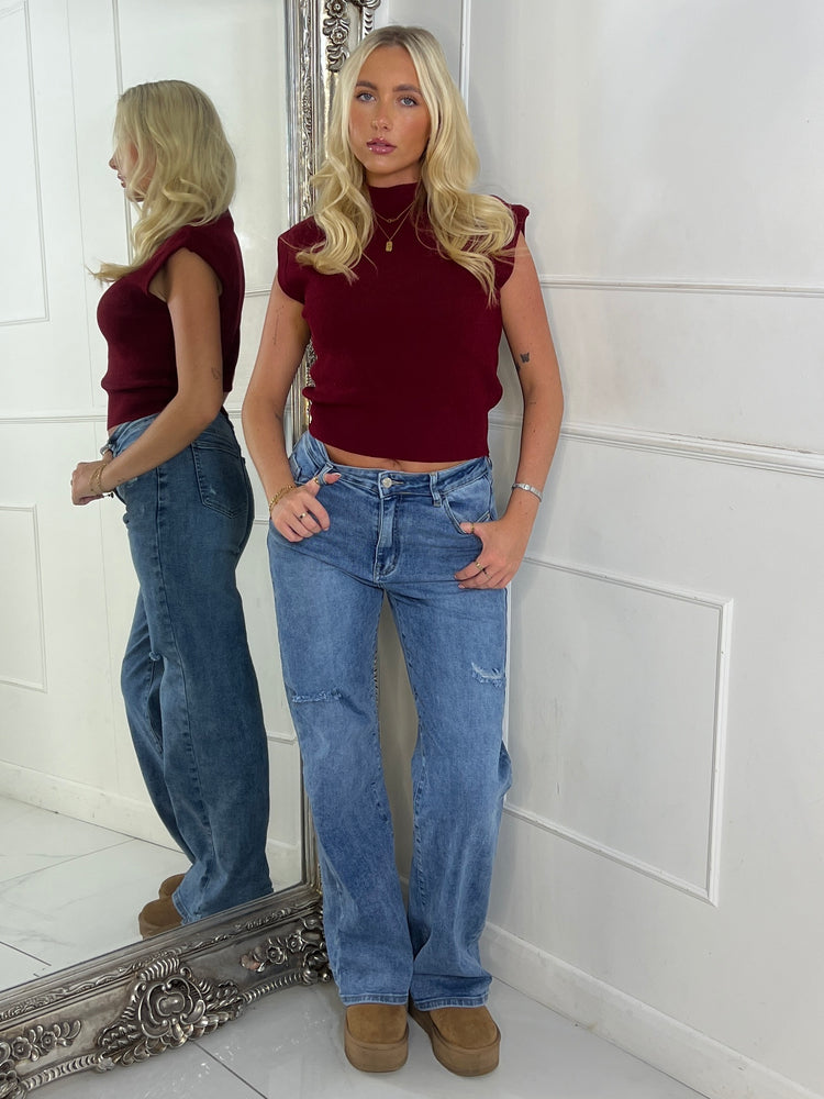 Heavy Rib Knitted Sleeveless Crop Jumper - Wine