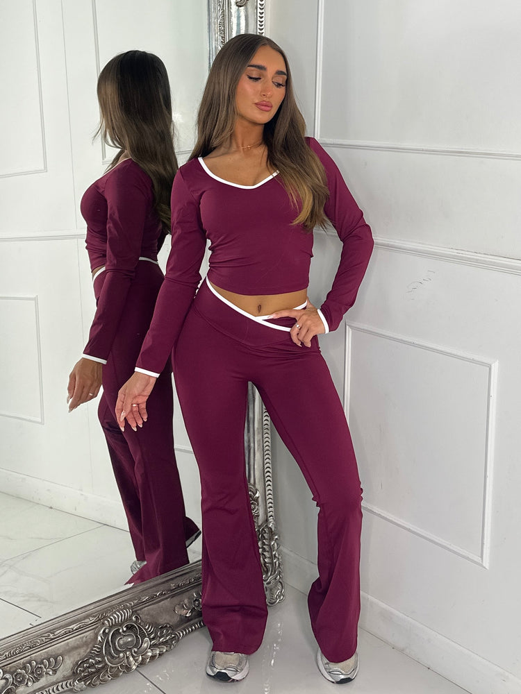 Crossover Ruched Bum Flares & Line Detail Long Sleeved Top - Wine