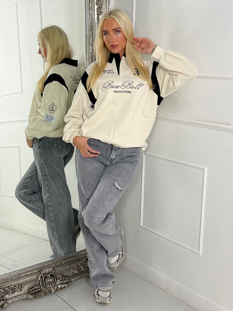 Varsity Slogan Detail Rugby Style Top - Cream/Multi