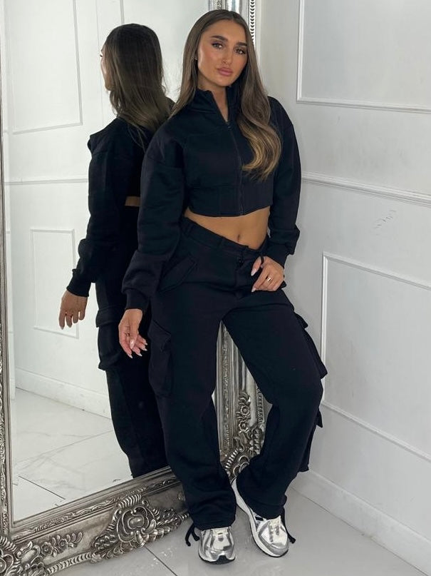Cargo Pocket Detail Straight Leg Pants & Crop Zip Up Jacket - Black