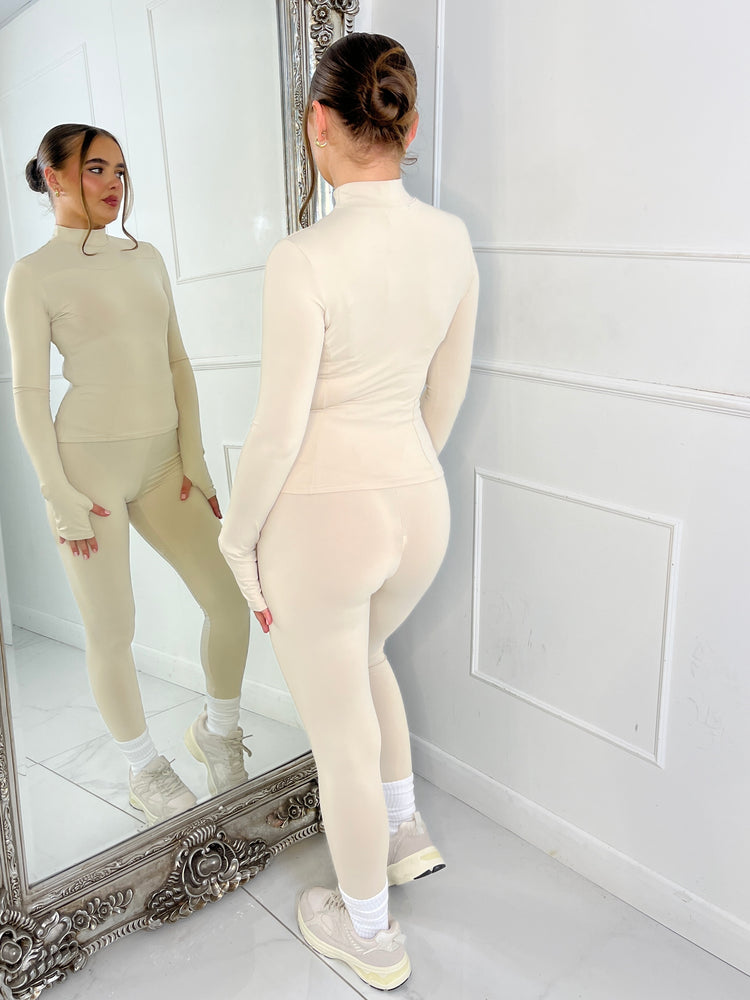Long Sleeve Second Skin Panel Detail Yoga Top and Leggings Co-Ord - Beige