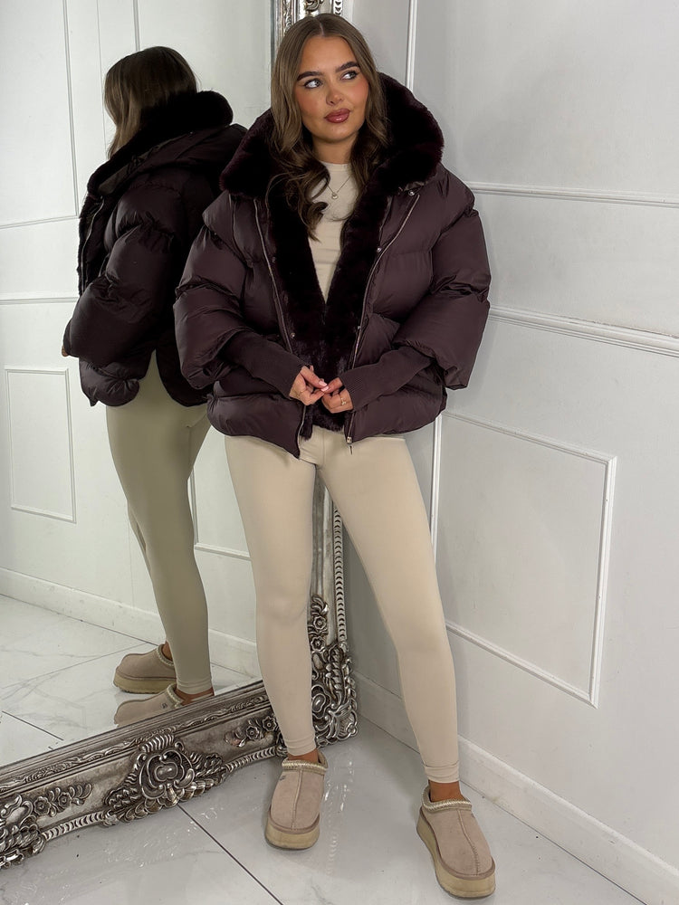 Hooded Puffer Coat With Faux Fur Trim - Brown
