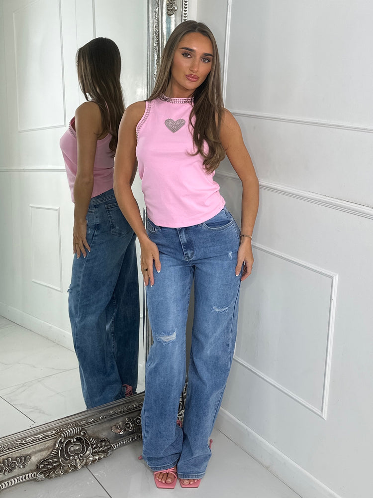 Silver stud heart detail racer crop top - Baby Pink