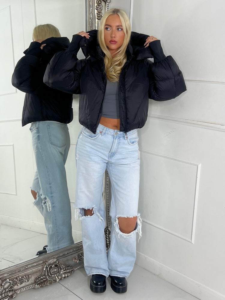 Puffer Coat With Detachable Hood - Black