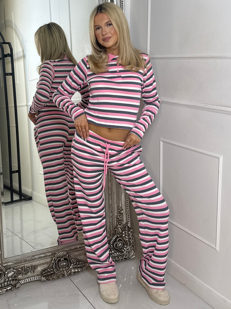 Collar Detail Striped Long Sleeve Top & Wide Leg Pants Co-Ord - Baby Pink Multi
