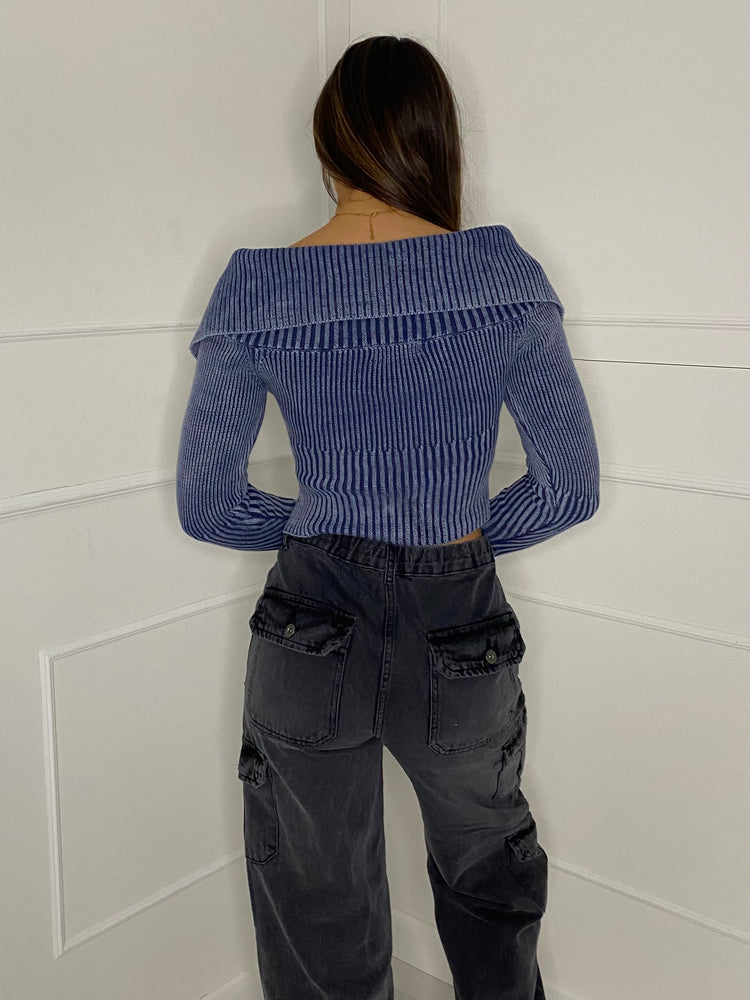 Thick Knit Fold Over Cardigan - Blue