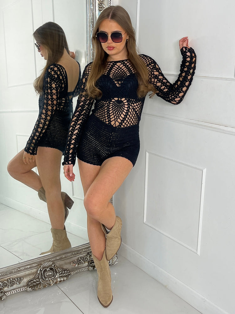 Crochet Long Sleeve Playsuit - Black