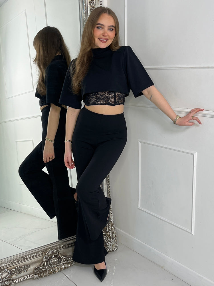 Padded Shoulder Cropped Tee With Lace Bra Underlayer & Kick Flares Co-Ord - Black