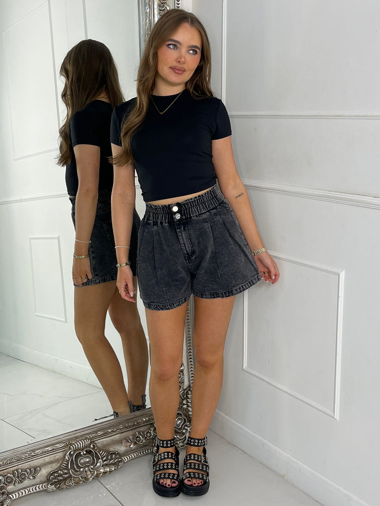 Elasticated Denim Shorts - Black