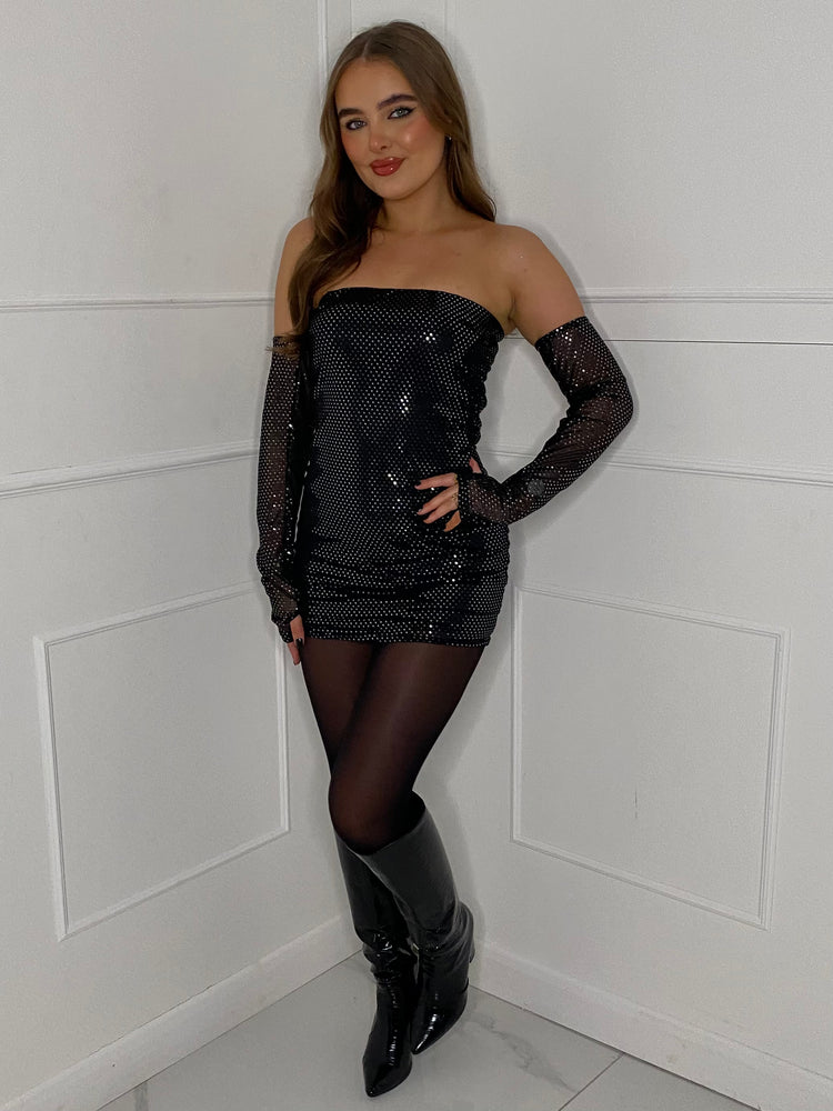 Strapless Dress with Detached Sleeves - Black Sequin