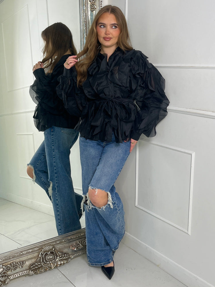 Belted Ruffle Detail Mesh Shirt - Black