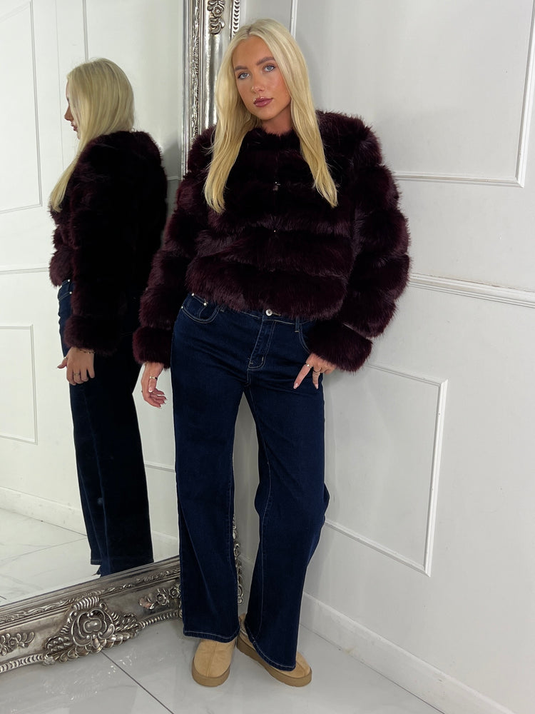 Tiered Faux Fur Round Neck Jacket - Wine
