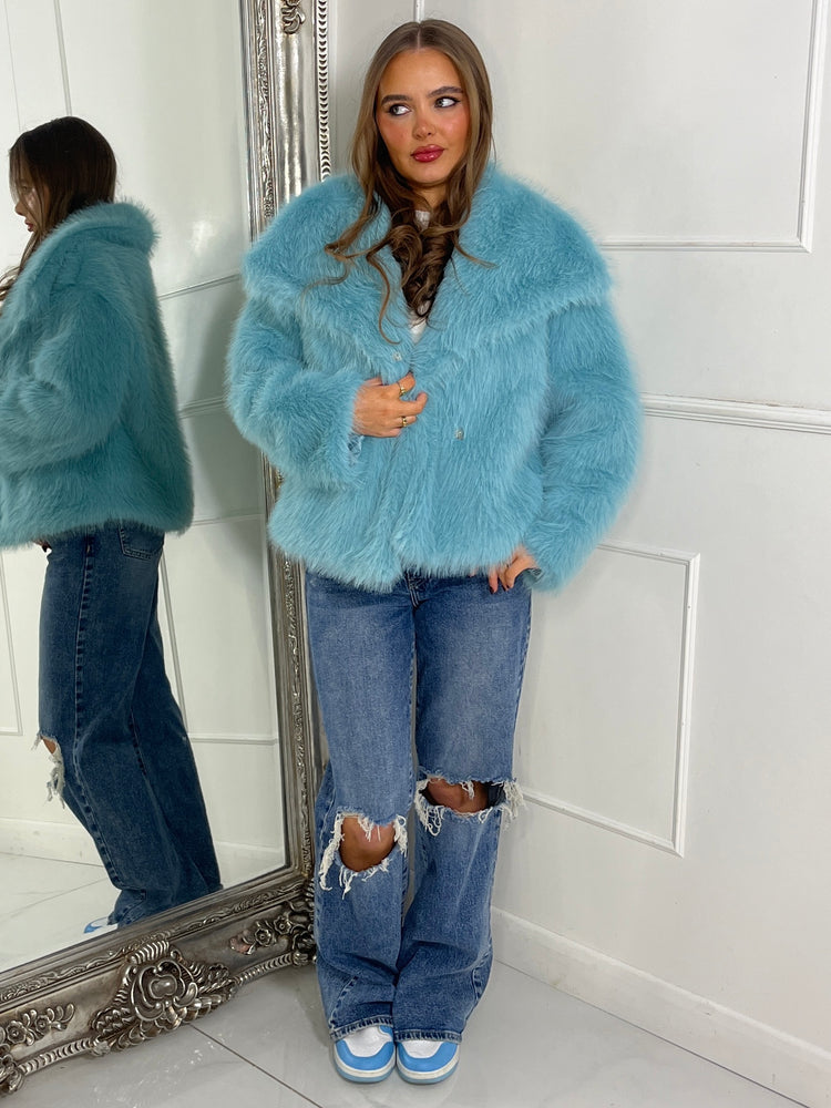 Soft Faux Fur Collar Detail Oversized Jacket - Sky Blue