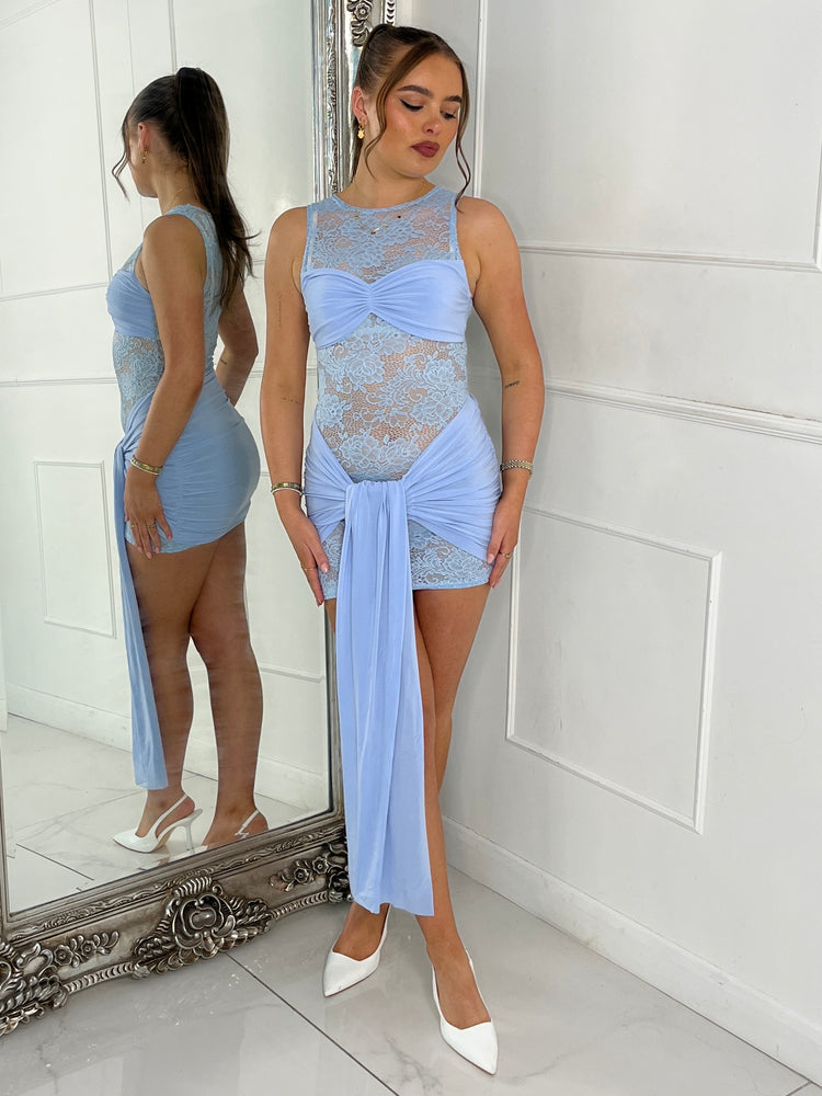 Sleeveless Lace Underlayer Detail Drape Dress - Baby Blue