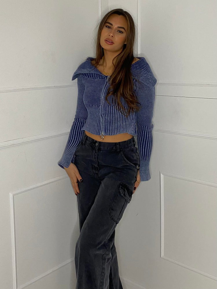 Thick Knit Fold Over Cardigan - Blue