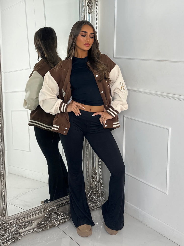 Embroidered Teddy Detail Varsity Jacket - Brown/Cream