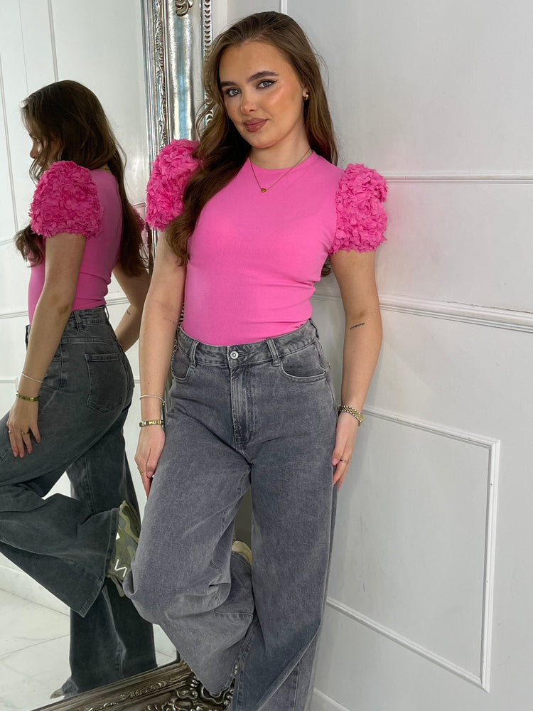 Mesh Ruffle Shoulder Tee -Hot Pink Ribbed