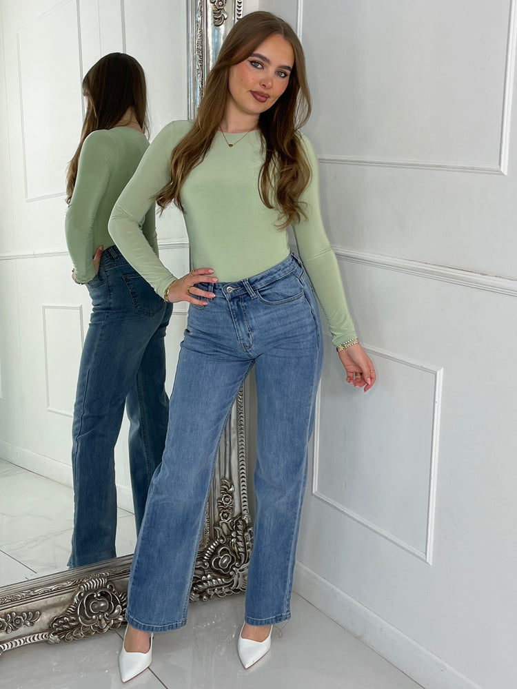 Round Neck Long Sleeve Bodysuit - Sage Green