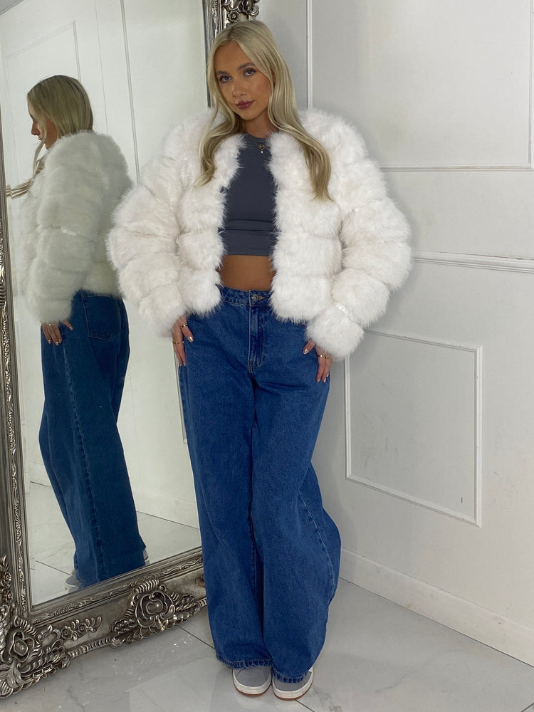 Tiered Faux Fur Round Neck Jacket - White