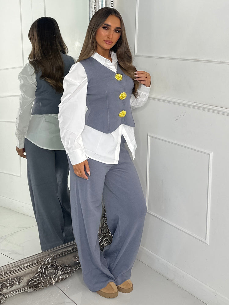 3 Piece Knitted Waistcoat & Shirt Set - Charcoal