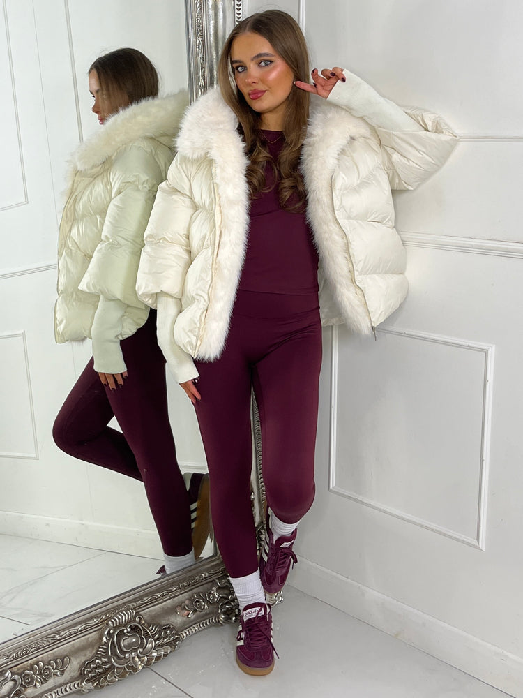 Hooded Puffer Coat With Faux Fur Trim - Cream