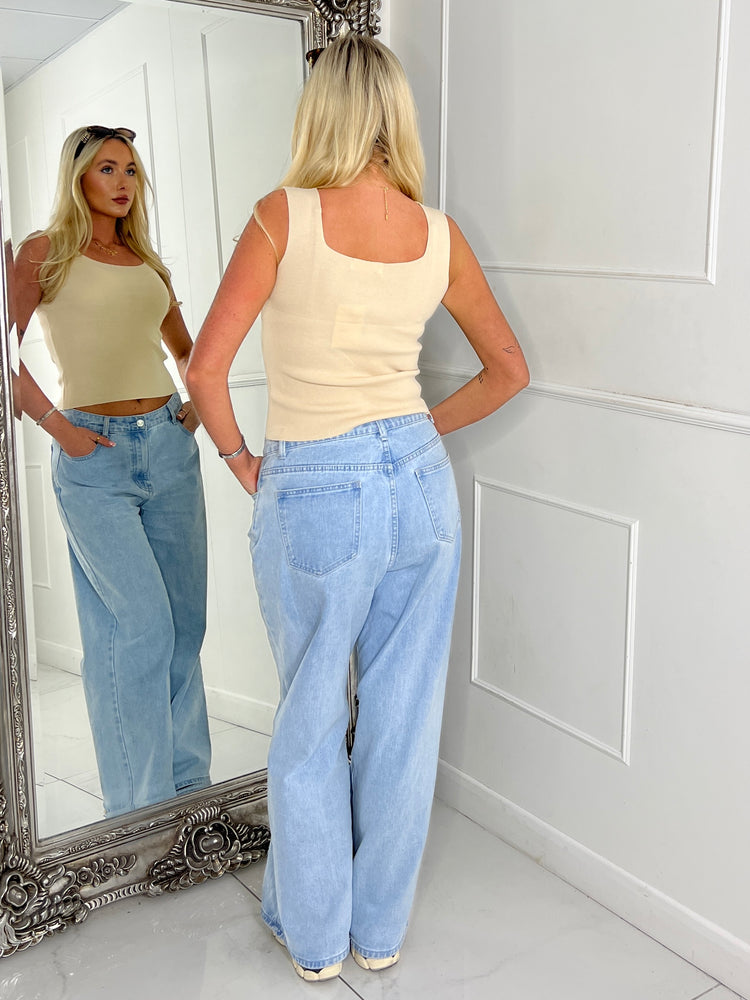 Square Neck Strap Detail Vest top - Light Beige