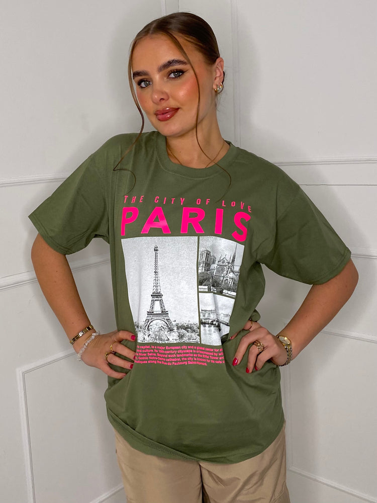 Paris Eiffel Tower Print T-shirt- Khaki Green
