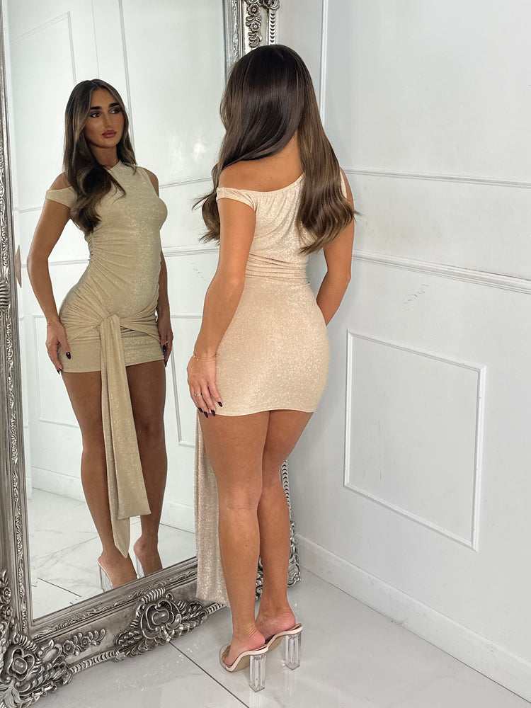 Off Shoulder Ruched Side Tie Drape Glitter Dress - Beige