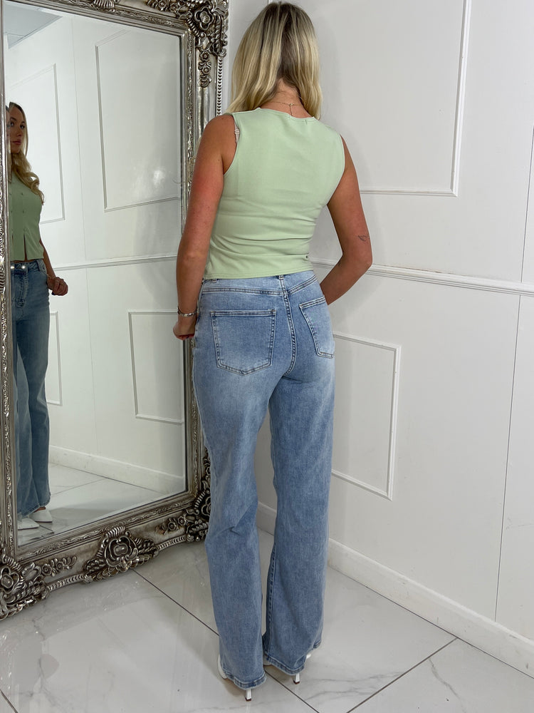 Button Slit Front Detail Top - Sage Green