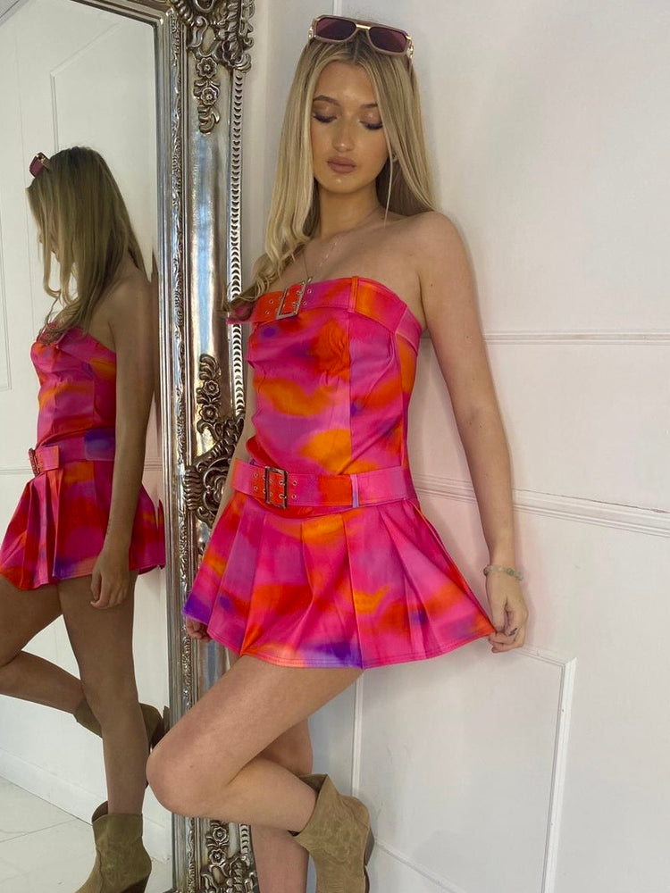 Printed Pleated Belt Detail Playsuit - Orange/Pink