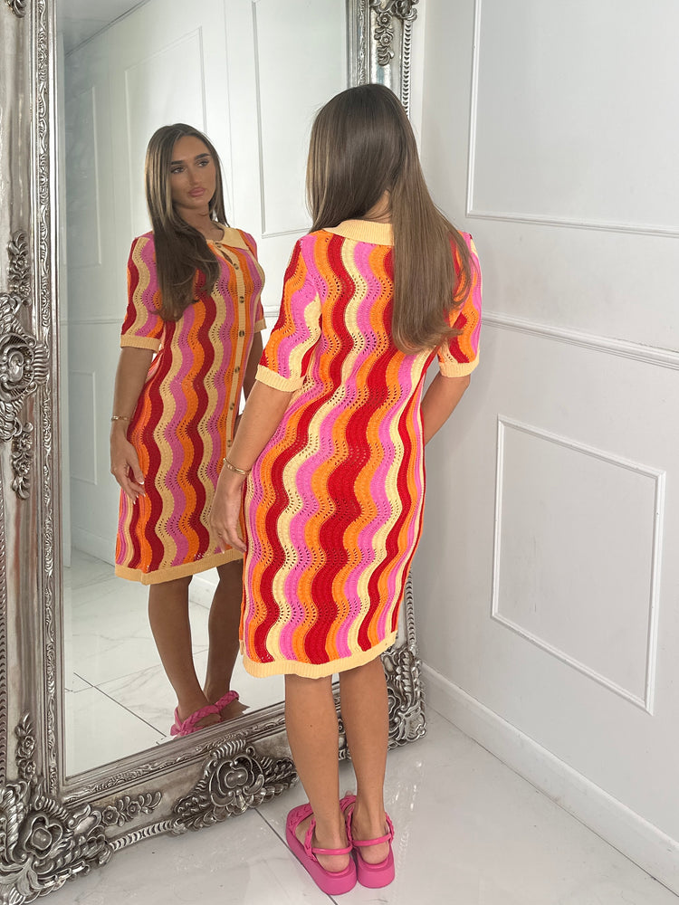 Multi Coloured Collar Detail Crochet Dress - Orange/Pink/Red