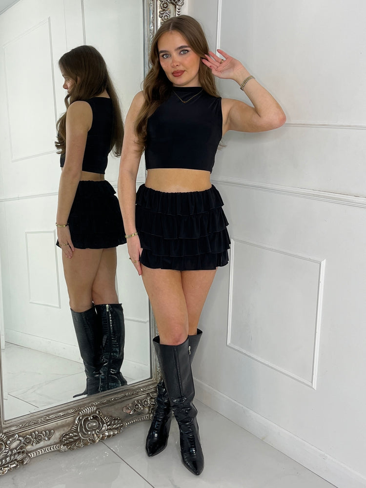 Ruffle Detail Skirt & Slinky Top Co-ord - Black