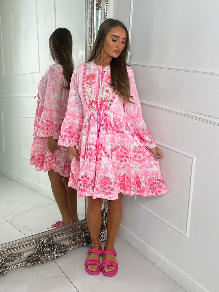 Boho Neon Embellished Dress - Pink