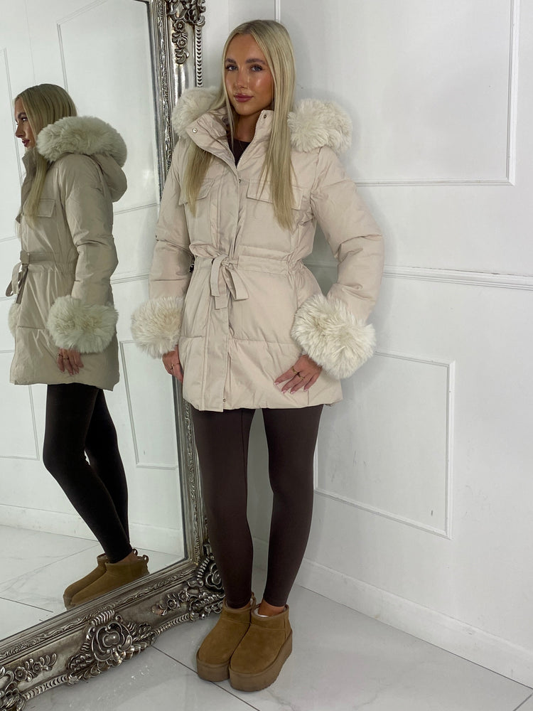 Fur Hood Trim Detail Longline Jacket - Beige