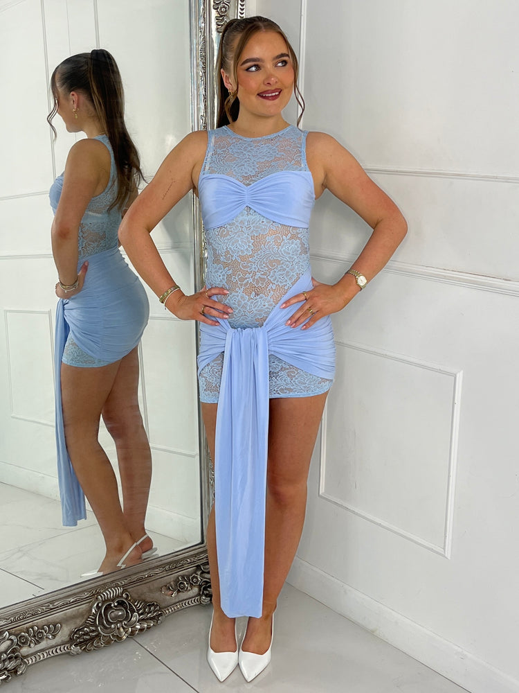 Sleeveless Lace Underlayer Detail Drape Dress - Baby Blue