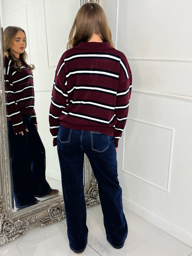 Stripe Detail Knitted Long Sleeve Jumper - Wine/Navy