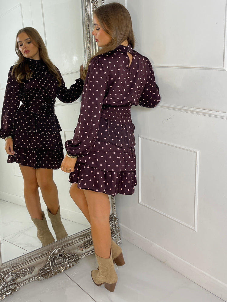 High Neck Cinched Waist Printed Dress- Wine/Pink Polka Dot