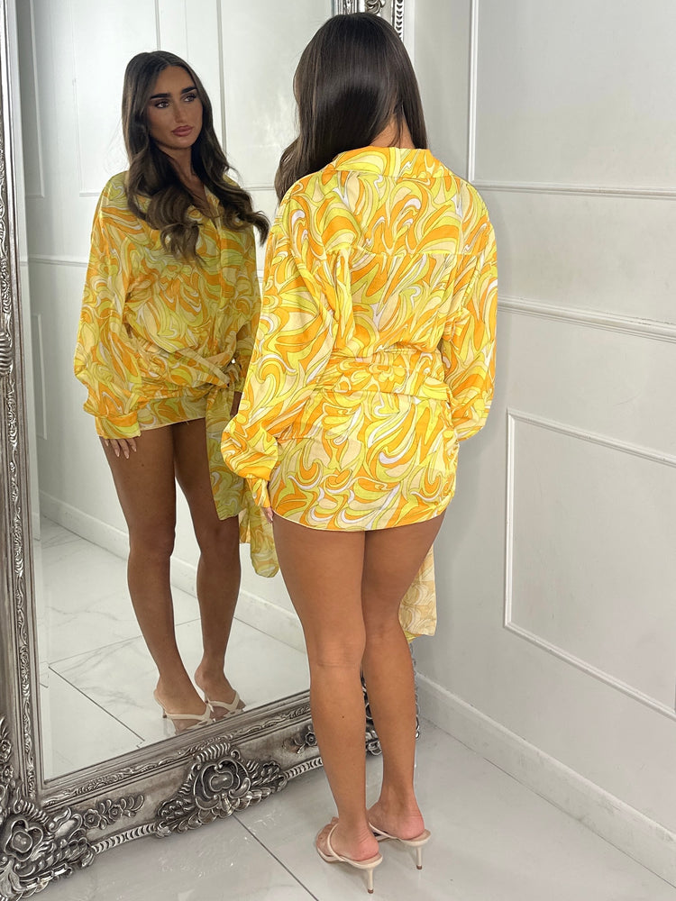 Printed Shirt Dress with Wrap Skirt - Yellow Multi Print