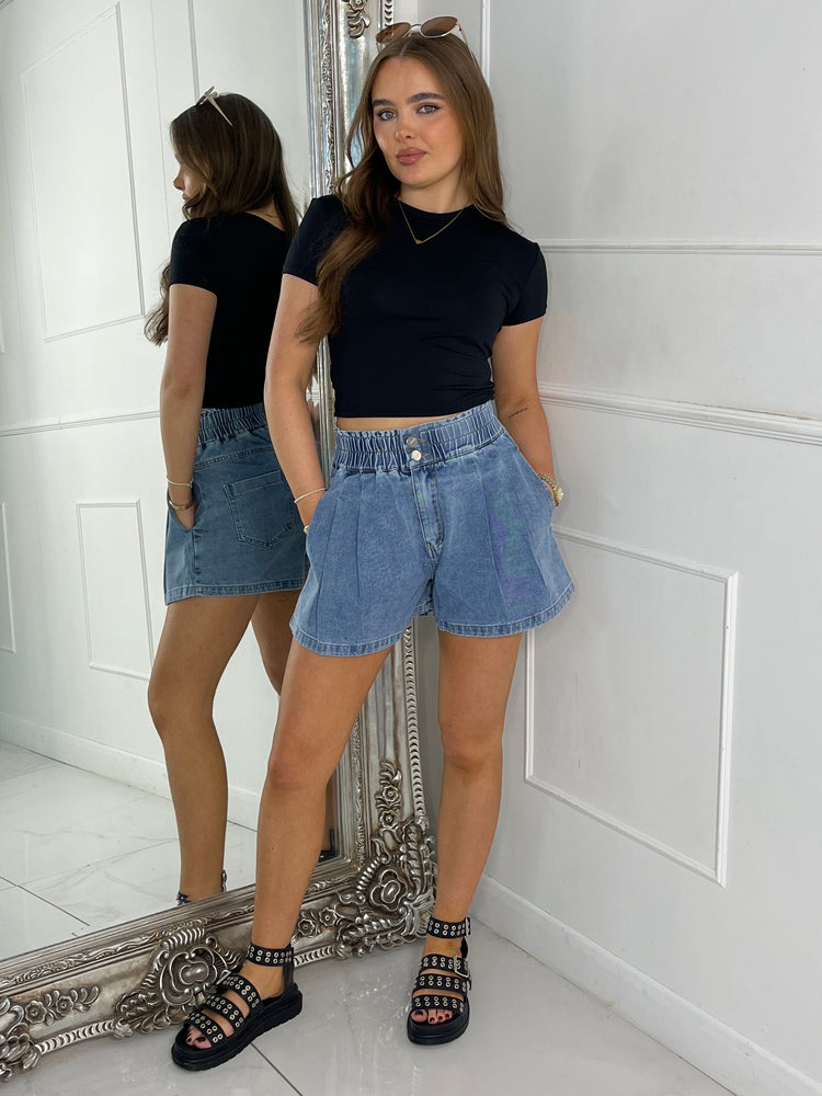 Elasticated Denim Shorts - Mid Wash