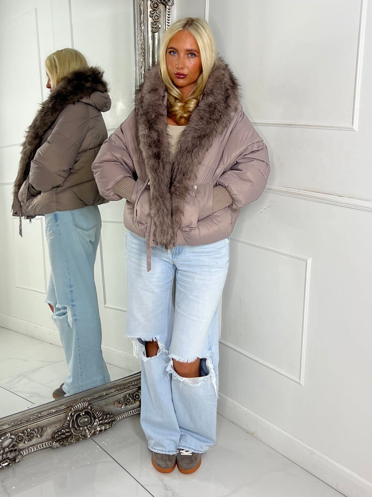 Hooded Faux Fur Puffer Coat With Buckle Detail - Grey/Mauve