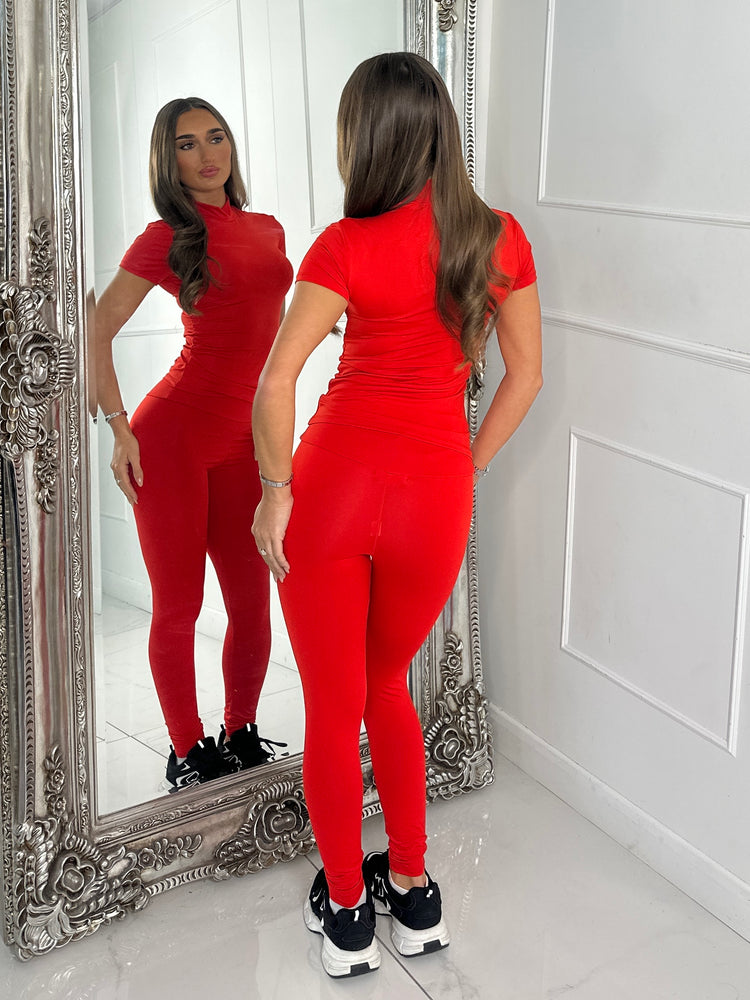 High Neck Second Skin Top & Sculpt Panel Leggings - Red