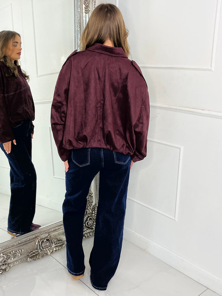 Suede Collared Oversized Bomber Jacket - Wine