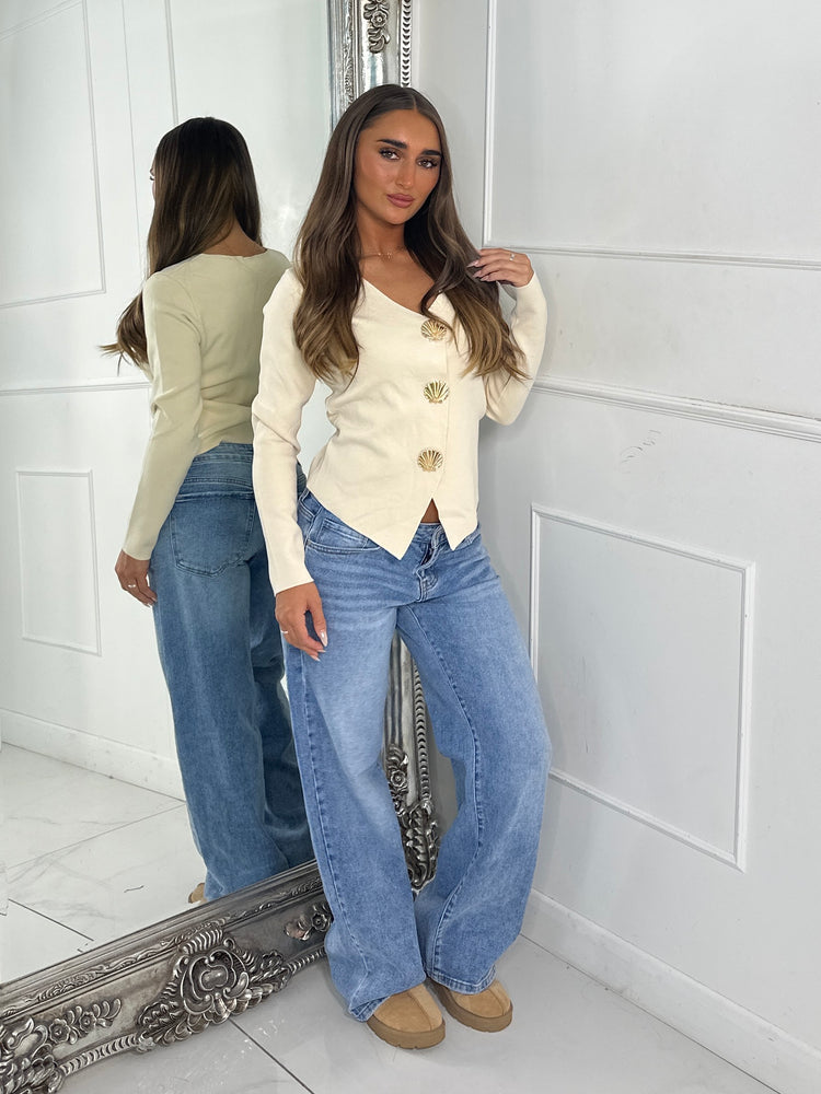 V Neck Sea Shell Detail Long Sleeve Jumper - Cream