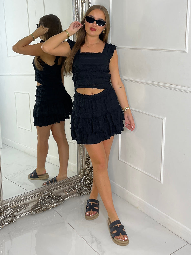 Ruffle Shoulder Textured Top & Skort Set - Black