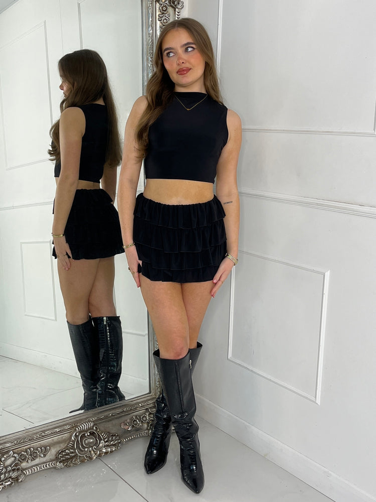 Ruffle Detail Skirt & Slinky Top Co-ord - Black