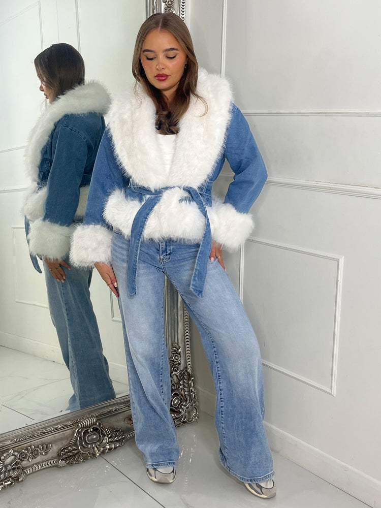 Denim Fur trim Detail Jacket - Blue/White