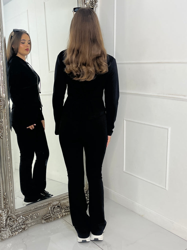 Tie Up Corset Detail Back Hoodie & Seam Detail Flared Pants - Black